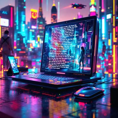 The primary subject of the image is a laptop computer sitting on a desk. The laptop is open and displaying a screen with text on it. The setting is a futuristic cityscape, with a brightly lit environment and a backdrop of buildings. The visual style is a combination of digital art and illustration, creating a vibrant and dynamic scene. The colors and mood of the image are predominantly bright and energetic, with a sense of excitement and innovation.